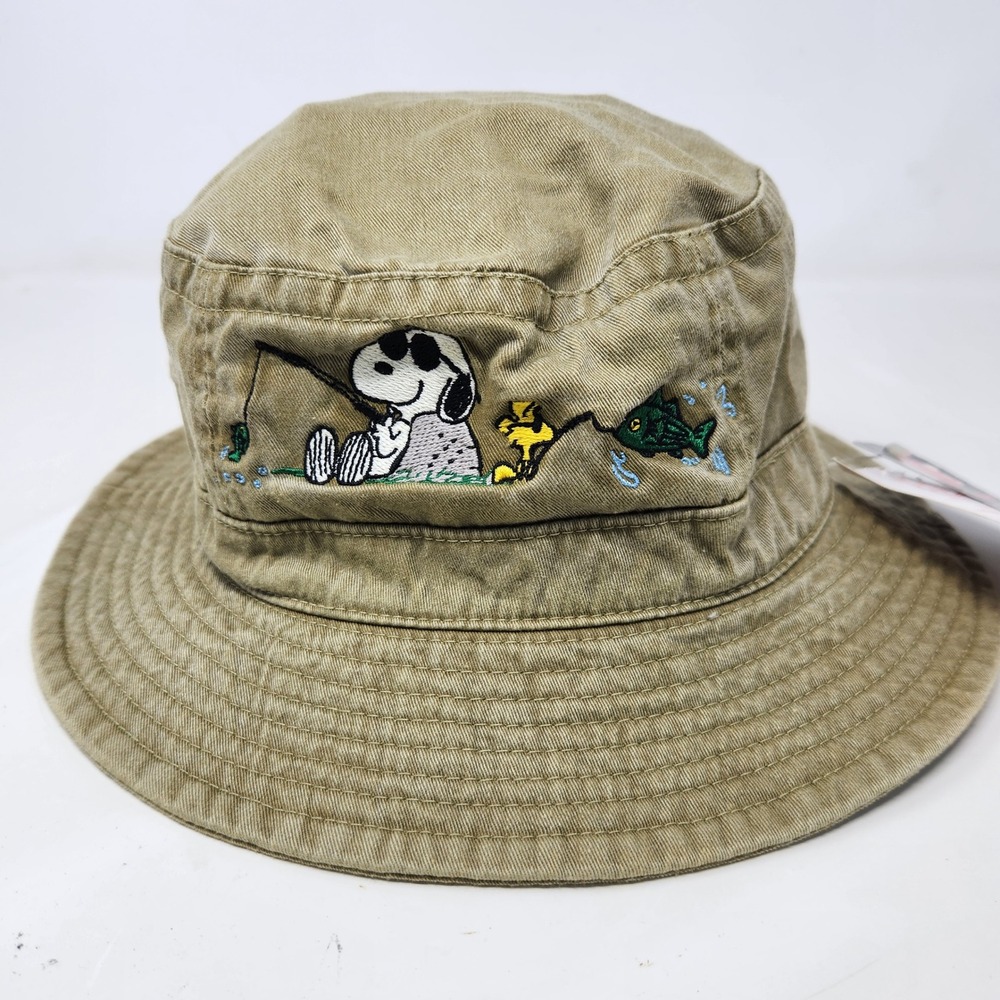 Vintage Peanuts Snoopy Fishing Bucket Hat Head Start Sportswear Khaki Tan 90s